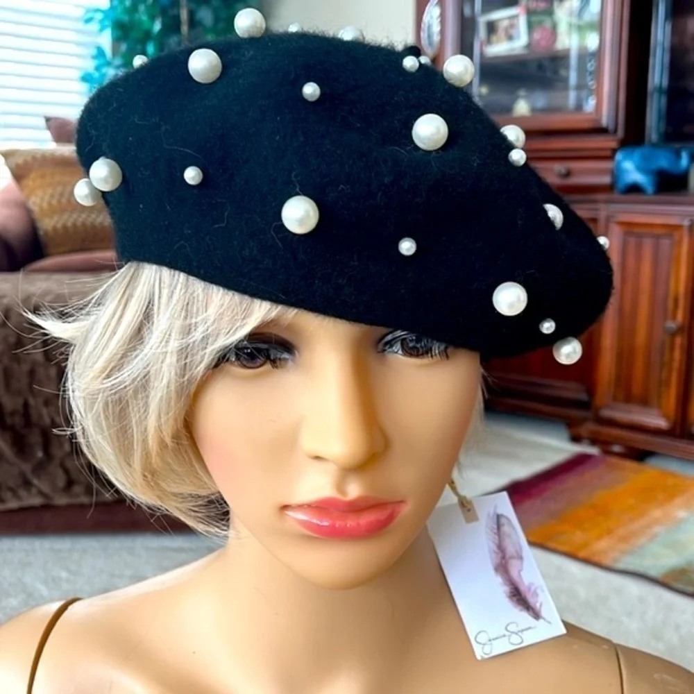 Brand New Jessica Simpson Black Wool French Beret w/ Faux Pearl Accents Beaded